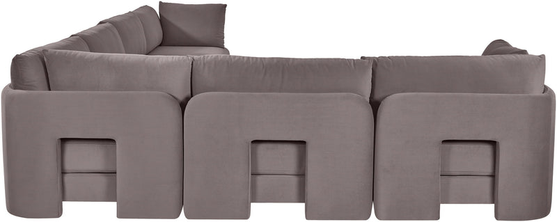 Medium gray velvet corner sectional sofa with modular seats and three front arm panels