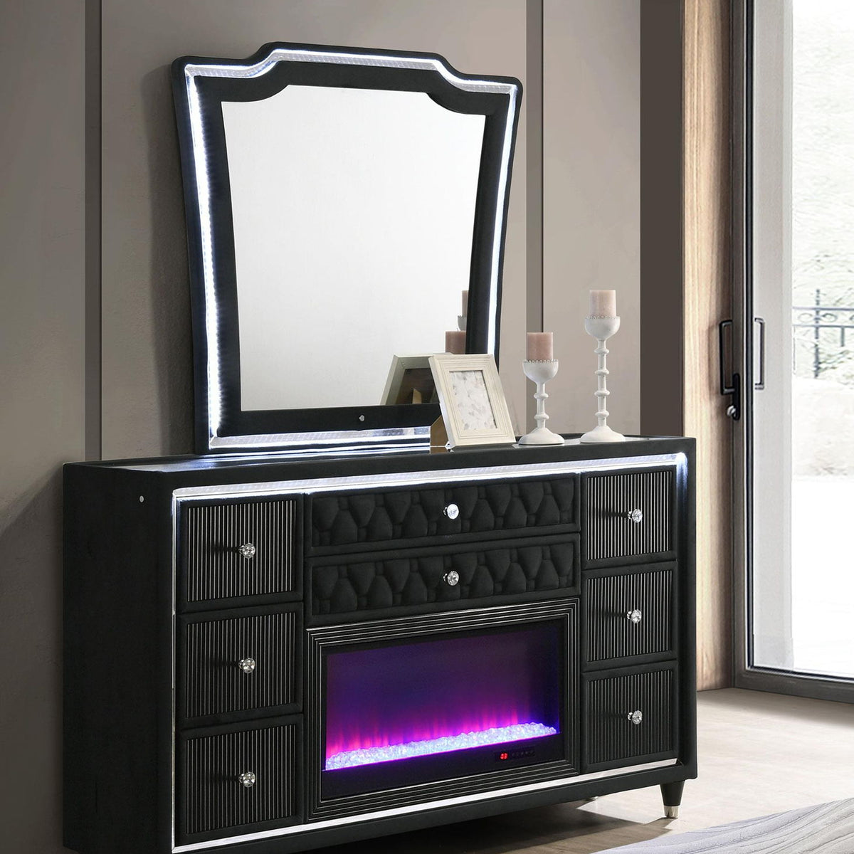 Lorient 8-drawer LED Flame Box Dresser and Mirror Black