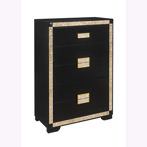 Black nightstand with three drawers and gold glitter trim