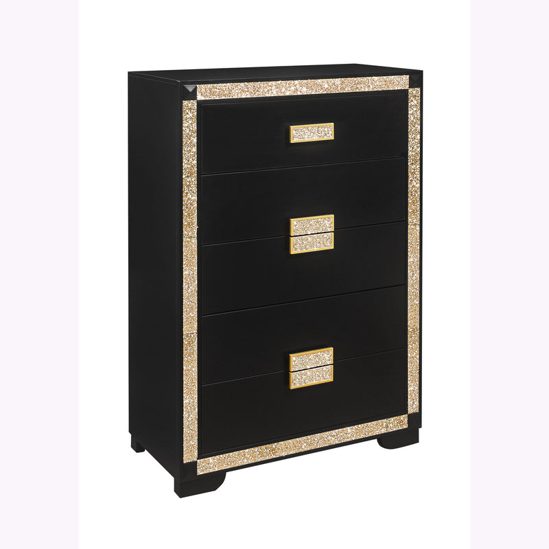 Black nightstand with three drawers and gold glitter trim