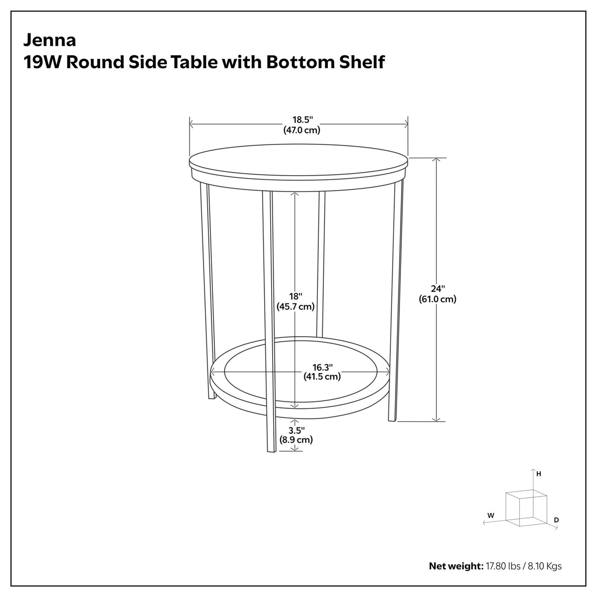 Round side table with bottom shelf dimensions diagram, 19W