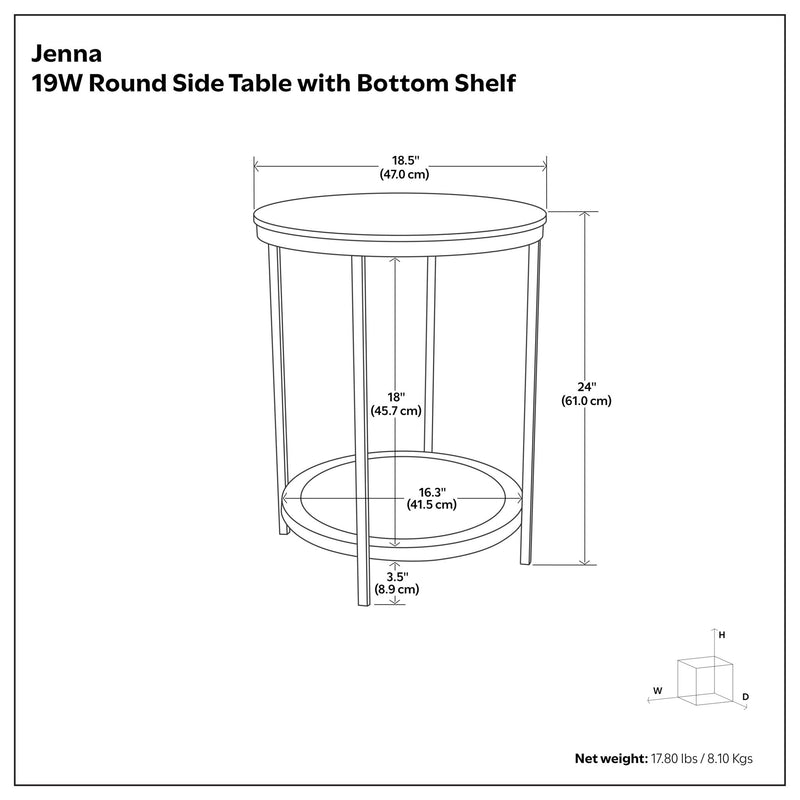 Round side table with bottom shelf dimensions diagram, 19W