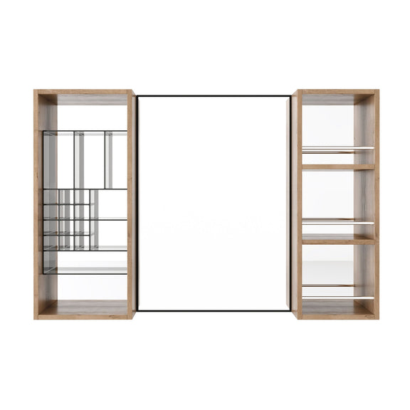 Wall-mounted bathroom cabinet with two side shelves and central hinged door, oak finish