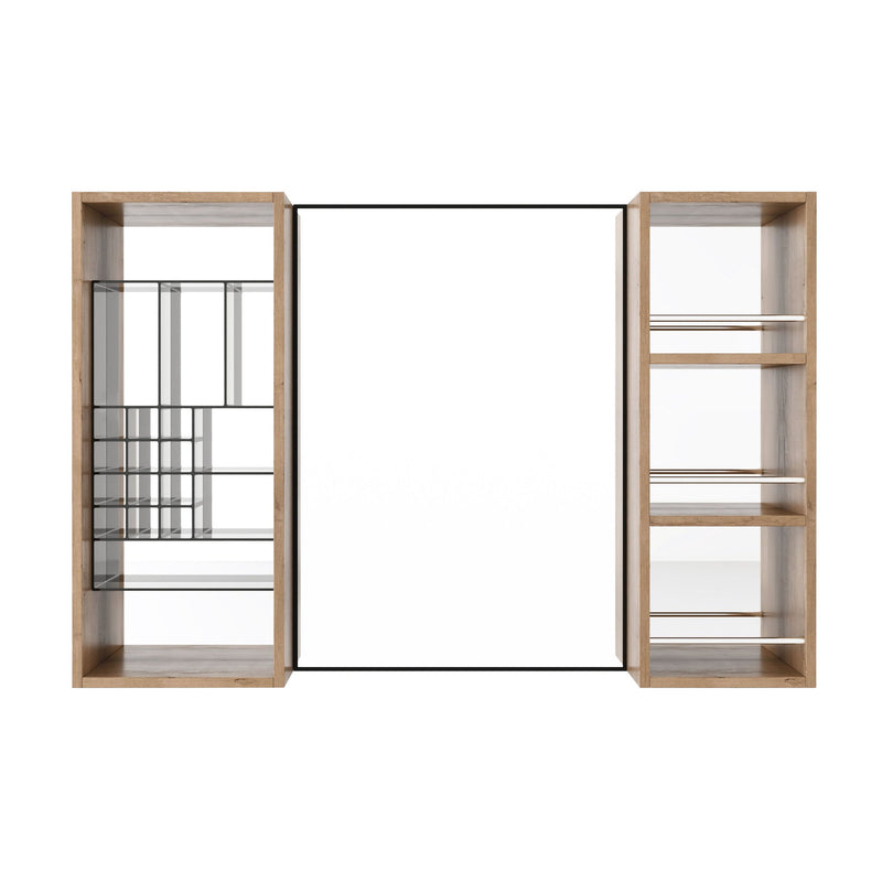 Wall-mounted bathroom cabinet with two side shelves and central hinged door, oak finish