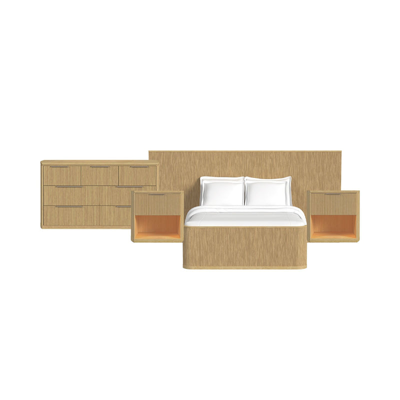 Light brown wall bed bedroom set with white bed, side cabinets, and open storage niches.
