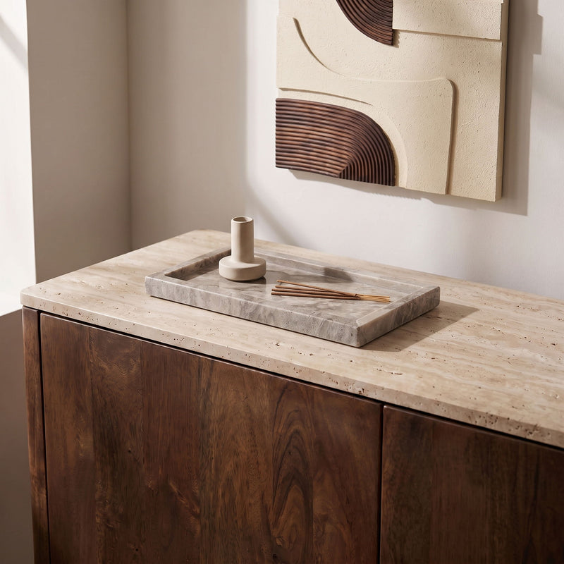 Beige travertine tray on vanity with candle holder and incense sticks