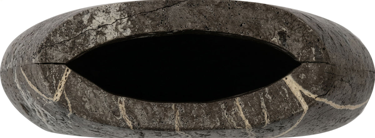 Dark gray travertine-style vase base view with central opening