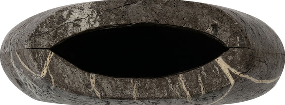 Dark gray travertine-style vase base view with central opening