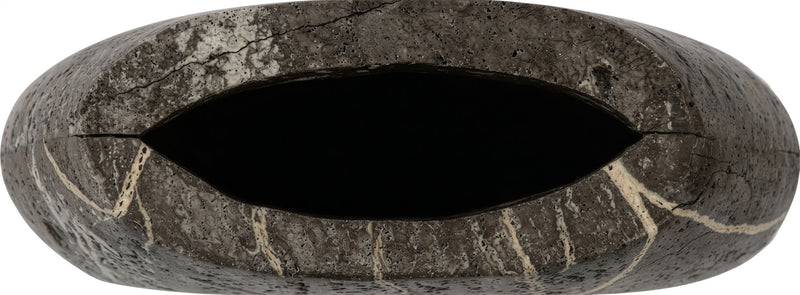 Dark gray travertine-style vase base view with central opening