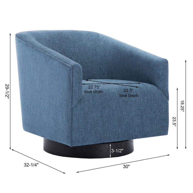Light blue fabric swivel chair with seat width and depth dimensions shown