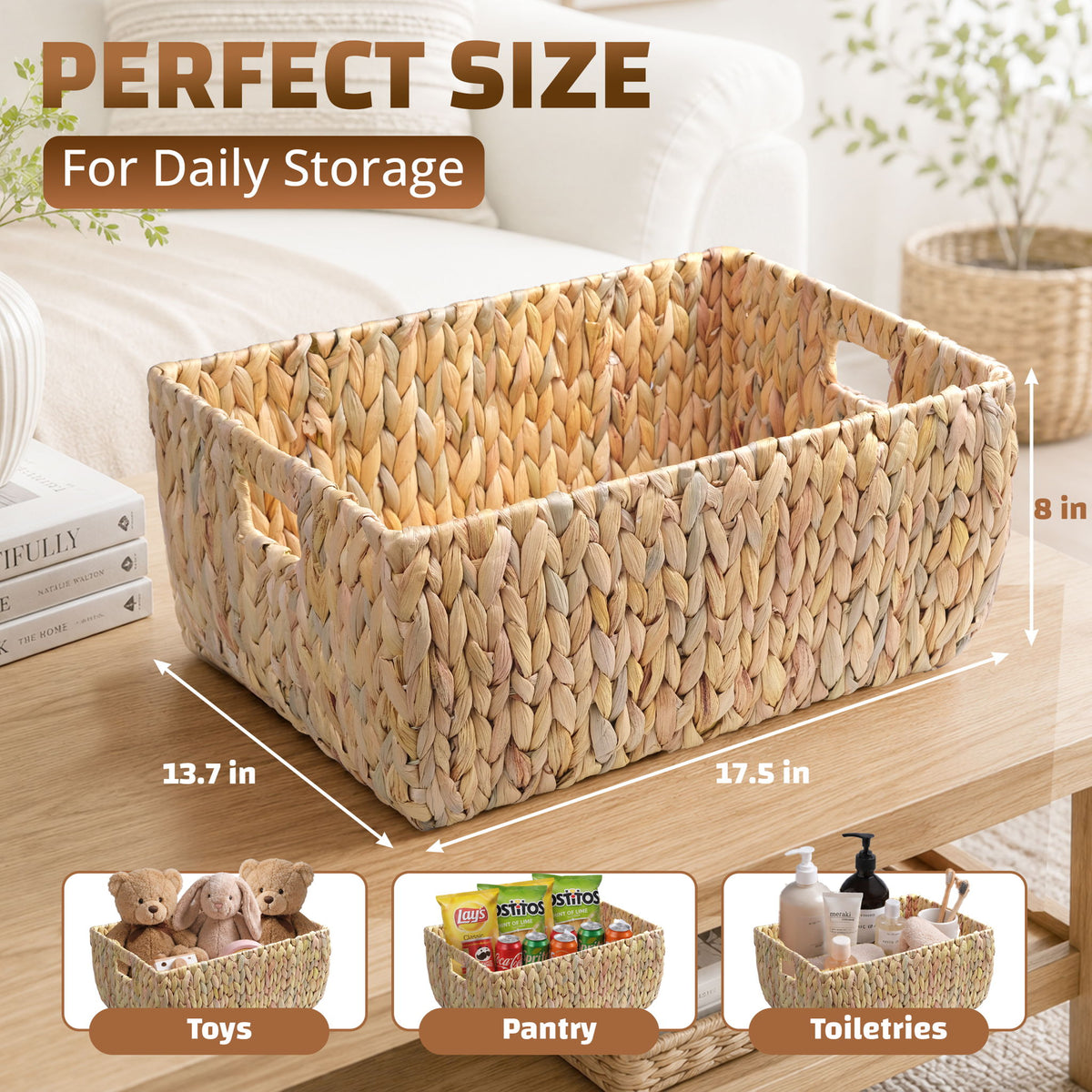 Woven storage basket with handles, shown with dimensions and storage examples
