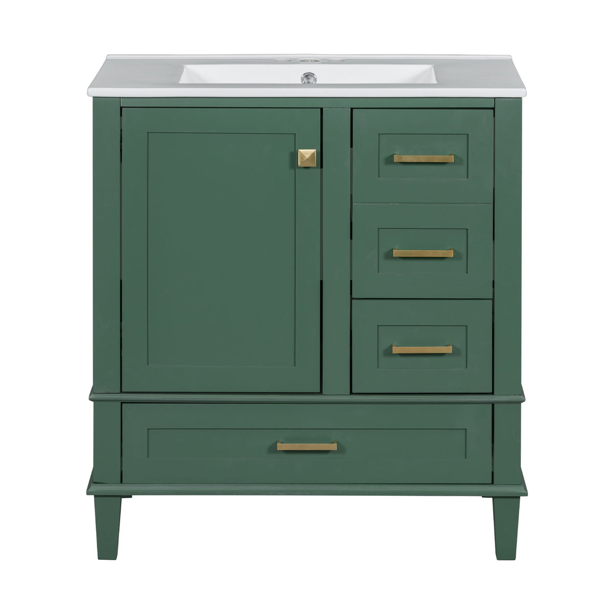 Dark green bathroom vanity cabinet with sink, soft-close door, and 3 drawers.