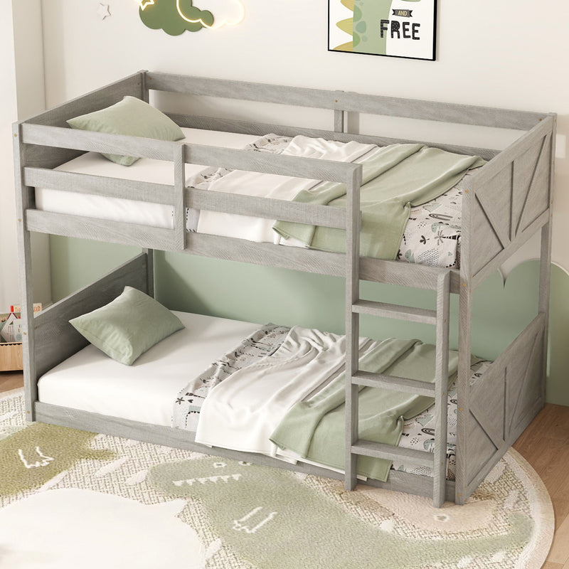 Twin over Twin Floor Bunk Bed with Panelled Headboard and Footboard, Solid Rubber Wood Foundation with Safety Guardrails, Built-in ladder, Antique White