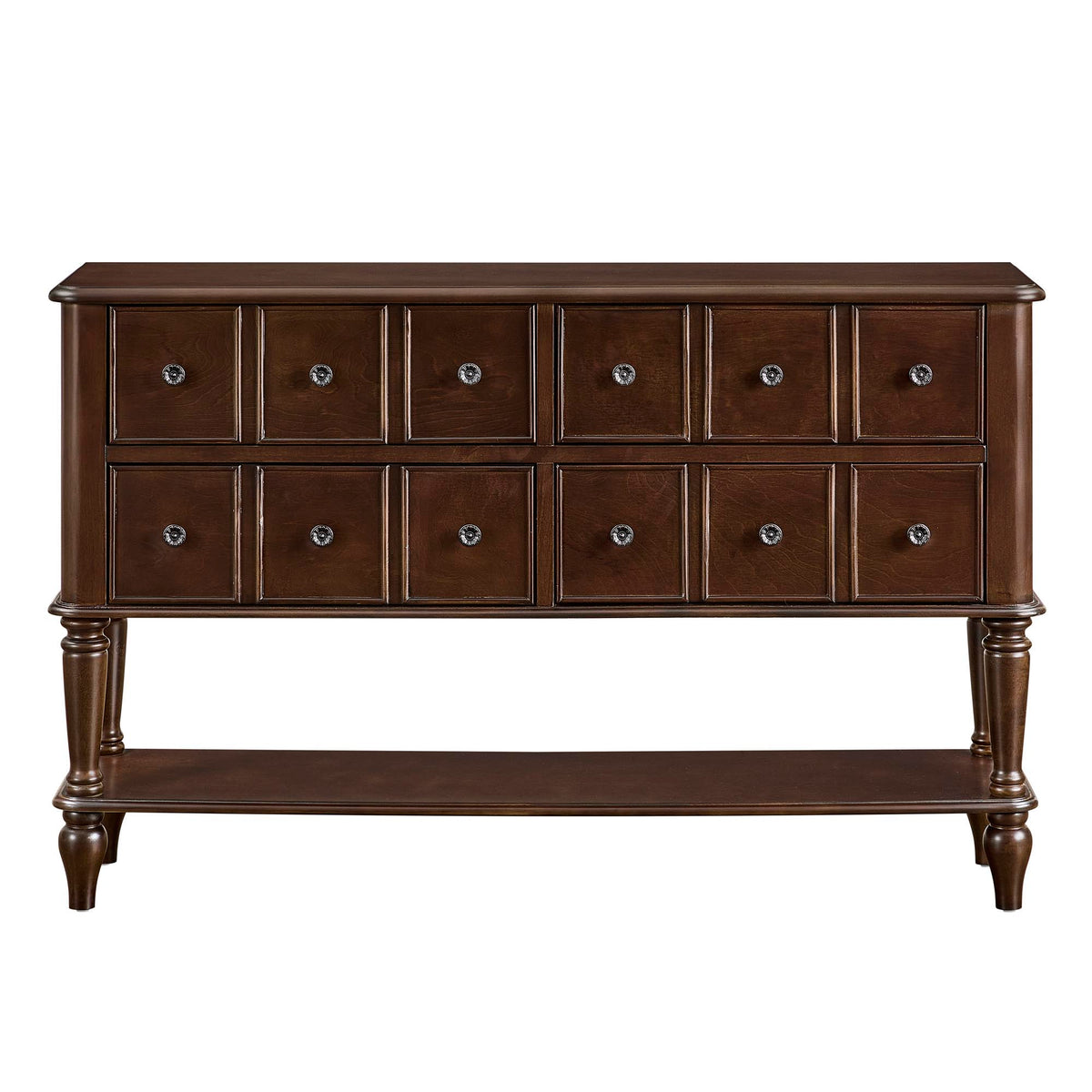 Espresso console table with open shelf and multiple small storage drawers