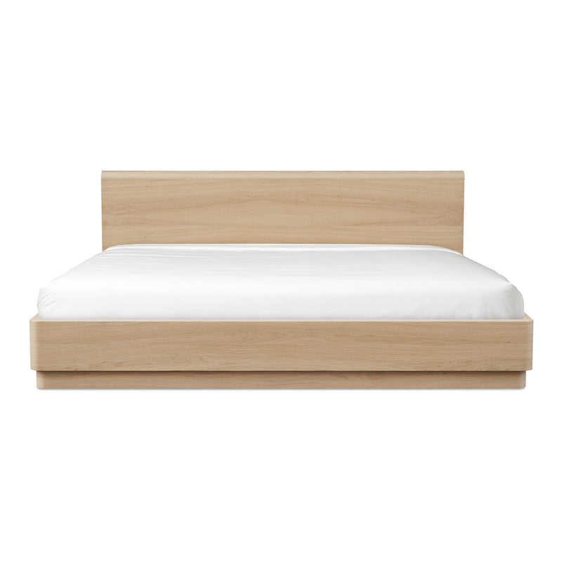 Natural oak king bed frame with panel headboard and footboard, white mattress