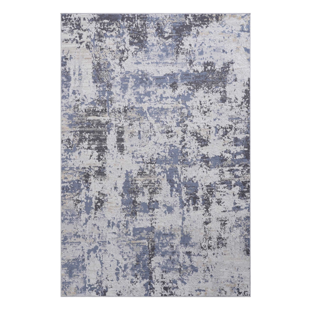 Abstract area rug with distressed vertical and horizontal patches in blue and gray