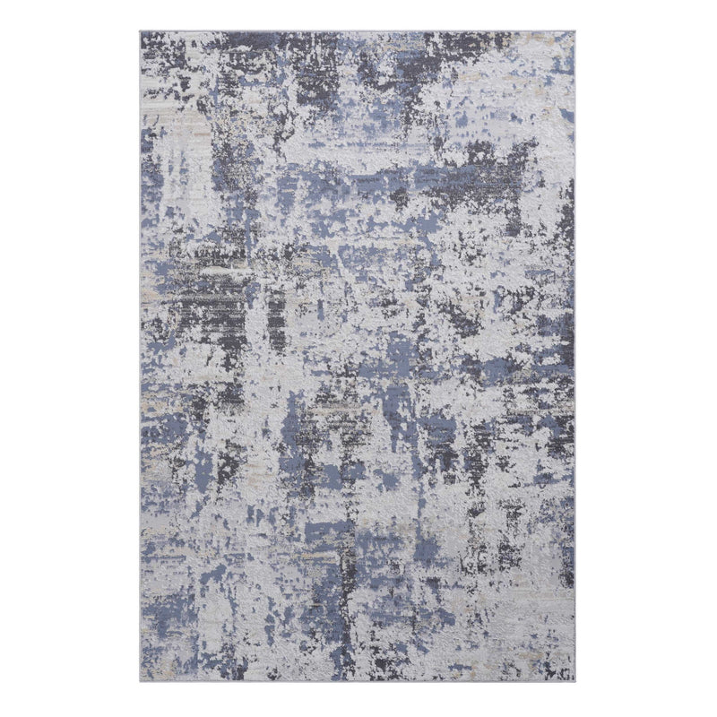 Abstract area rug with distressed vertical and horizontal patches in blue and gray