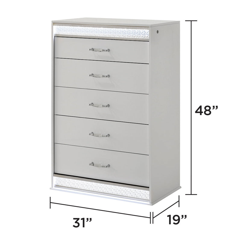 White 5-drawer chest with LED light trim, 48" tall, 31" wide, 19" deep.