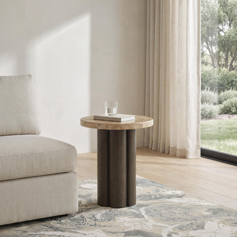 Round side end table with burnished stone top and ribbed dark brown wood legs