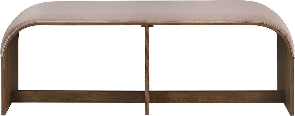 Light beige velvet upholstered bench with curved arms and squared wooden legs