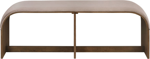 Light beige velvet upholstered bench with curved arms and squared wooden legs