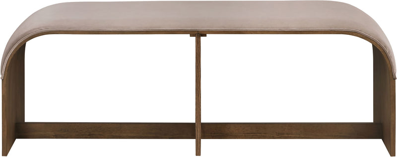 Light beige velvet upholstered bench with curved arms and squared wooden legs