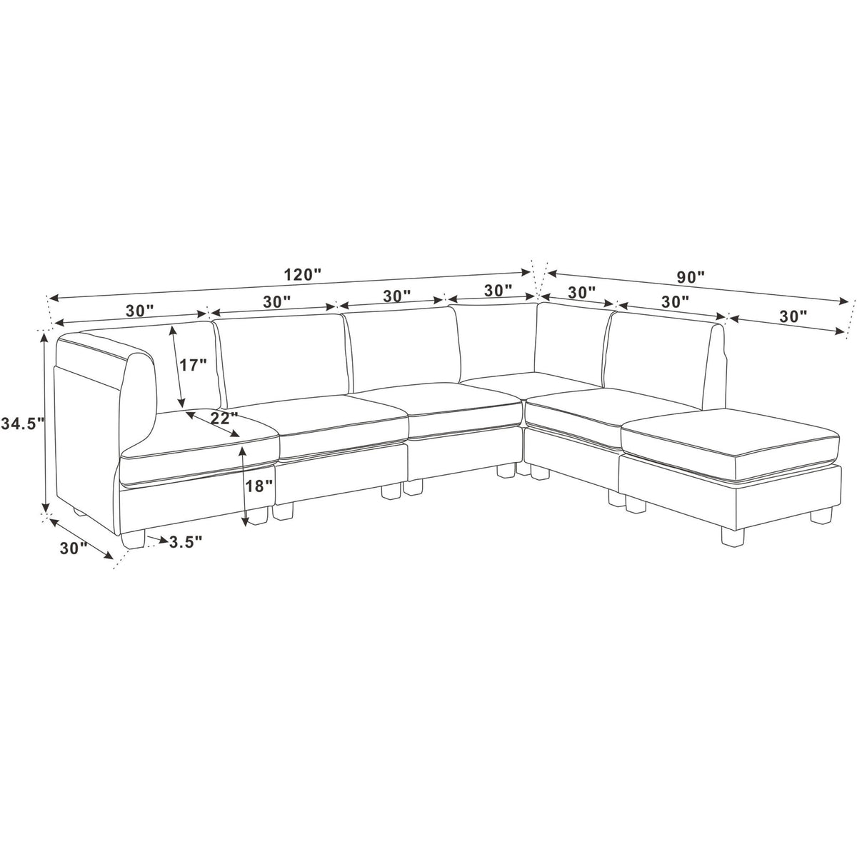 Sectional sofa diagram with dimension lines for the modular chaise layout.