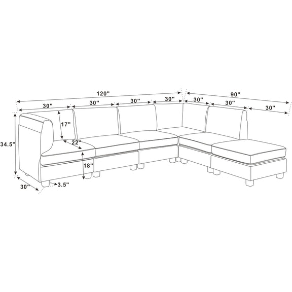 Sectional sofa diagram with dimension lines for the modular chaise layout.