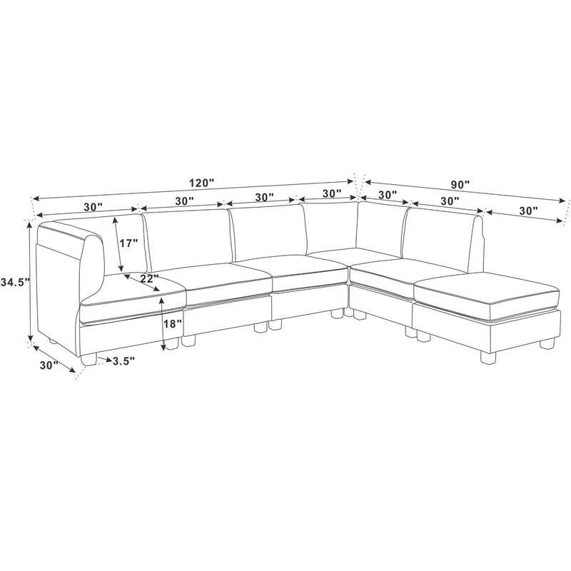 Sectional sofa diagram with dimension lines for the modular chaise layout.