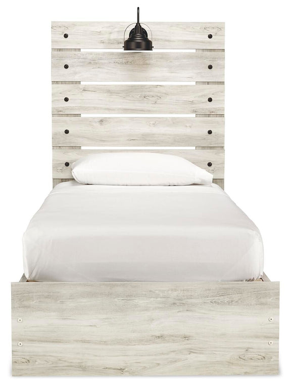 Panel bed with headboard and light beige wood frame, white mattress and pillow