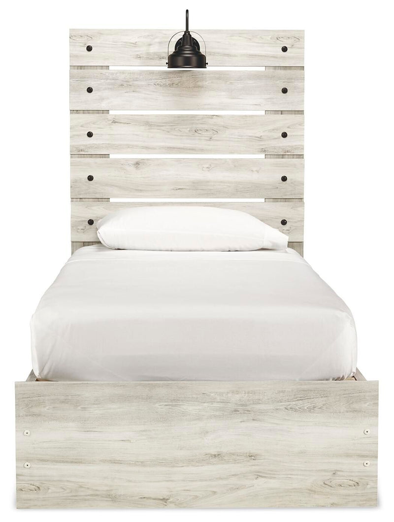 Panel bed with headboard and light beige wood frame, white mattress and pillow