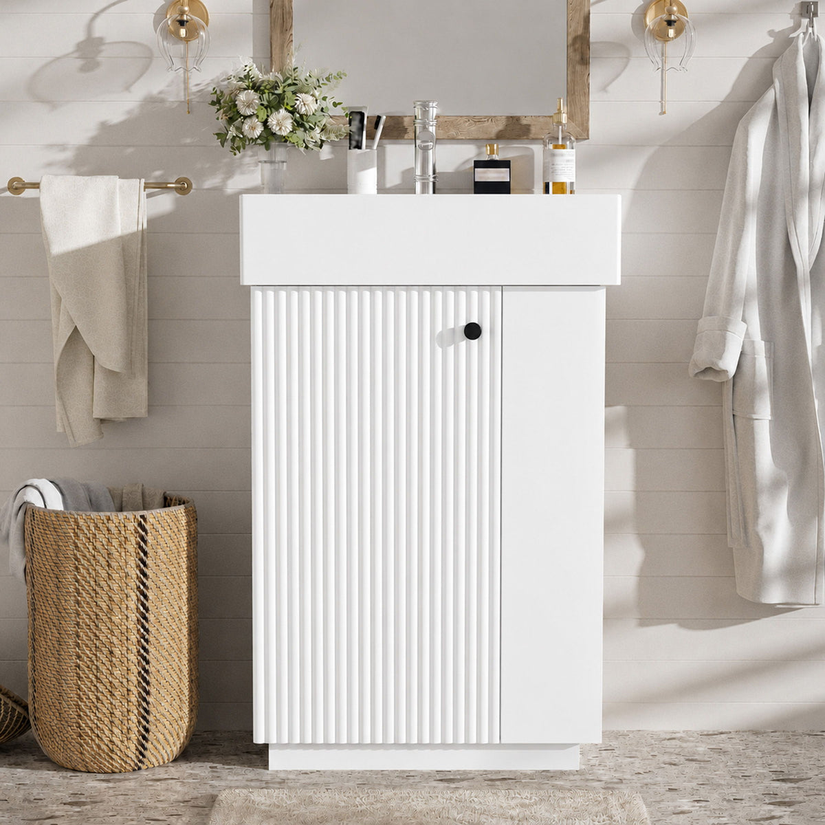 Freestanding bathroom vanity cabinet with sink, white doors with storage panel