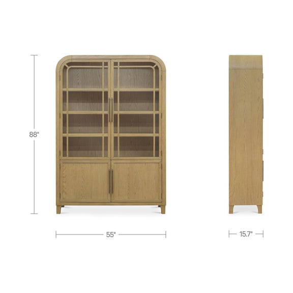 Natural wood cabinet, 88H x 55W, glass upper doors and lower cabinet doors