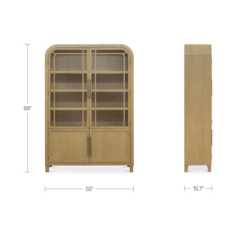 Natural wood cabinet, 88H x 55W, glass upper doors and lower cabinet doors