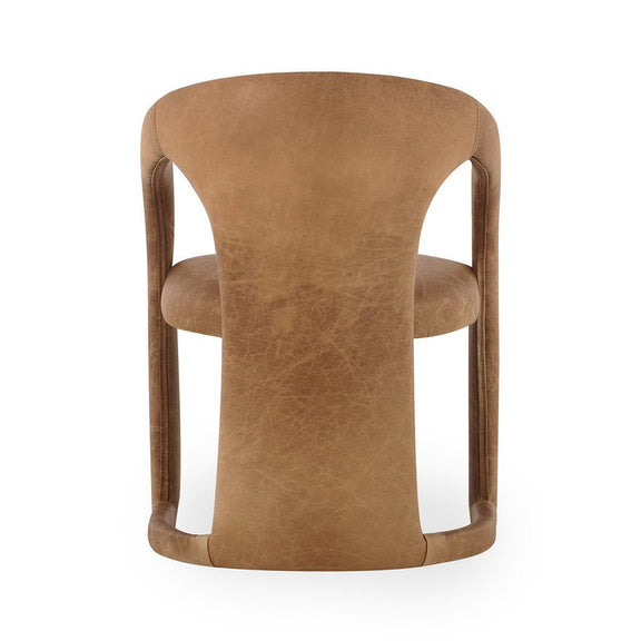 Tan suede-look dining chair with tall backrest, rounded arms, and cushioned seat