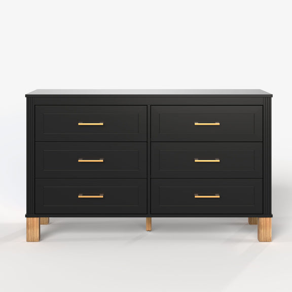 Black double dresser with six drawers and gold-tone bar pulls, wooden legs.