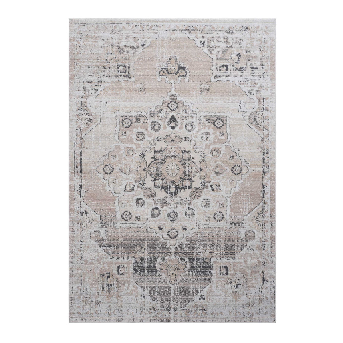 Square medallion area rug in beige and gray with distressed geometric medallion center.