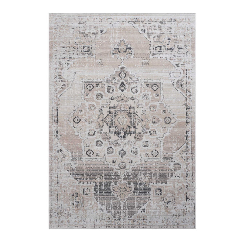 Square medallion area rug in beige and gray with distressed geometric medallion center.