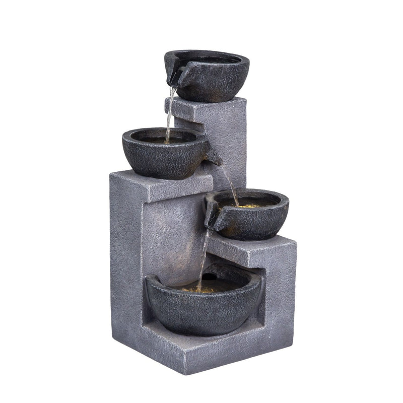 Gray four-tier cascading fountain with textured bowls and flowing water.