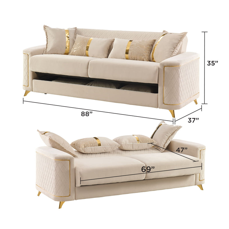 Beige sofa dimensions 88in wide, 35in high; matching ottoman-style bench below