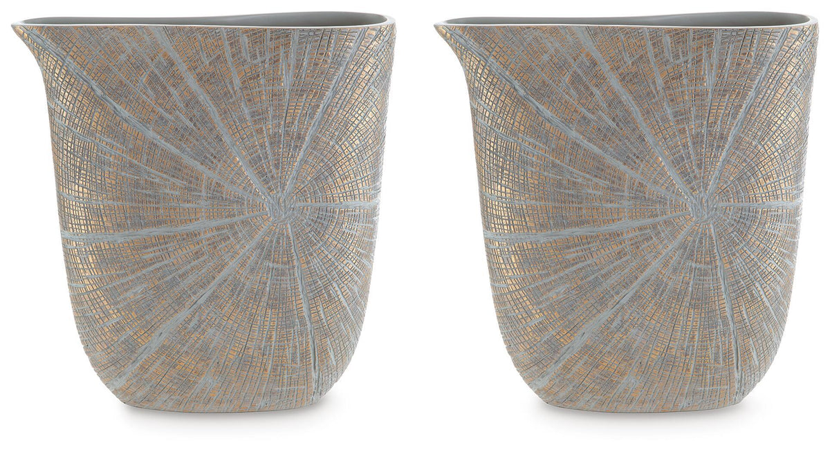 Ardenley set of 2 vases, blue-gray cylindrical with gold textured spokes