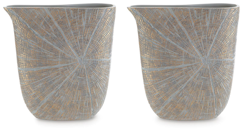 Ardenley set of 2 vases, blue-gray cylindrical with gold textured spokes