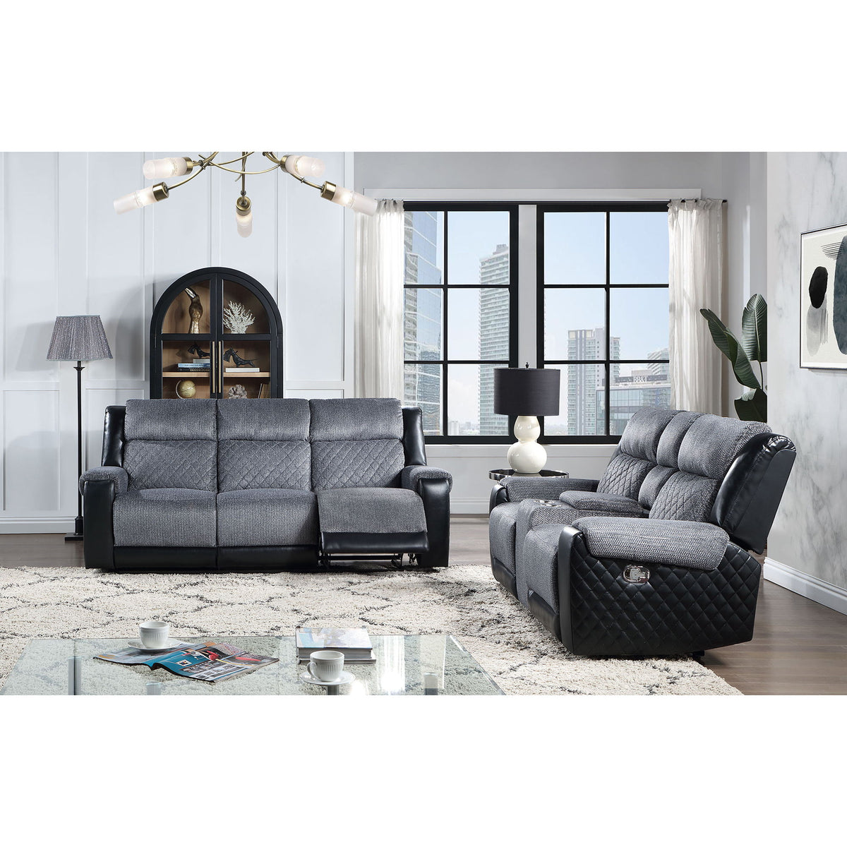 Gray recliner sofa set with two recliners and quilted arm panels