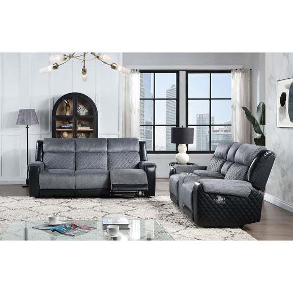 Gray recliner sofa set with two recliners and quilted arm panels