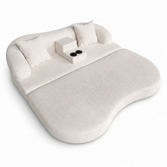White convertible sleeper sofa bed with two cup holders in center