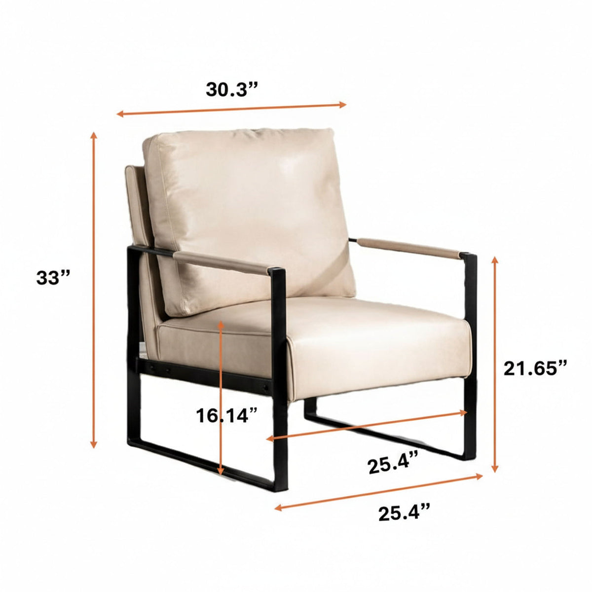 Gray upholstered armchair on square frame with size measurements