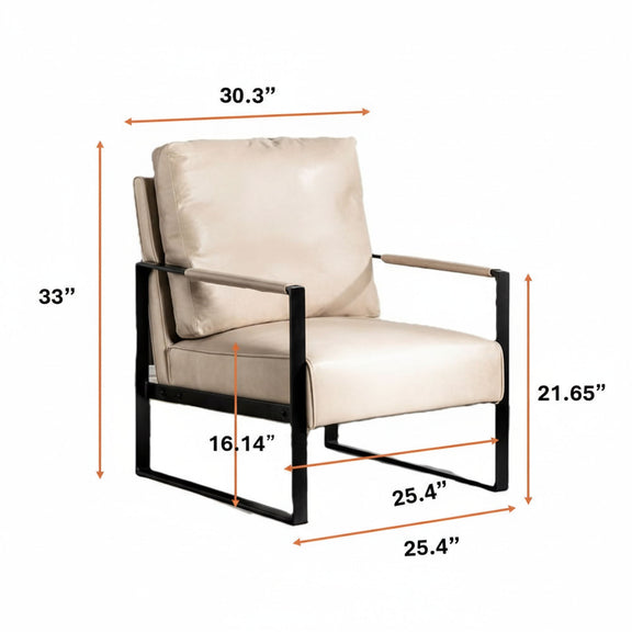 Gray upholstered armchair on square frame with size measurements