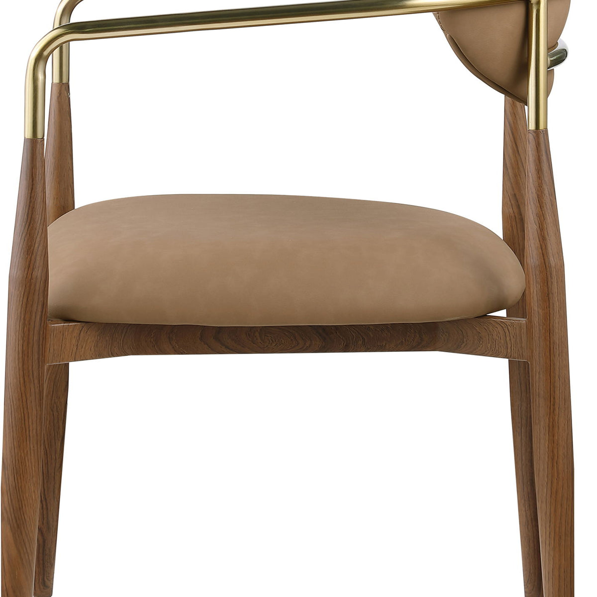Brown upholstered dining arm chair with gold arm frame and wooden legs