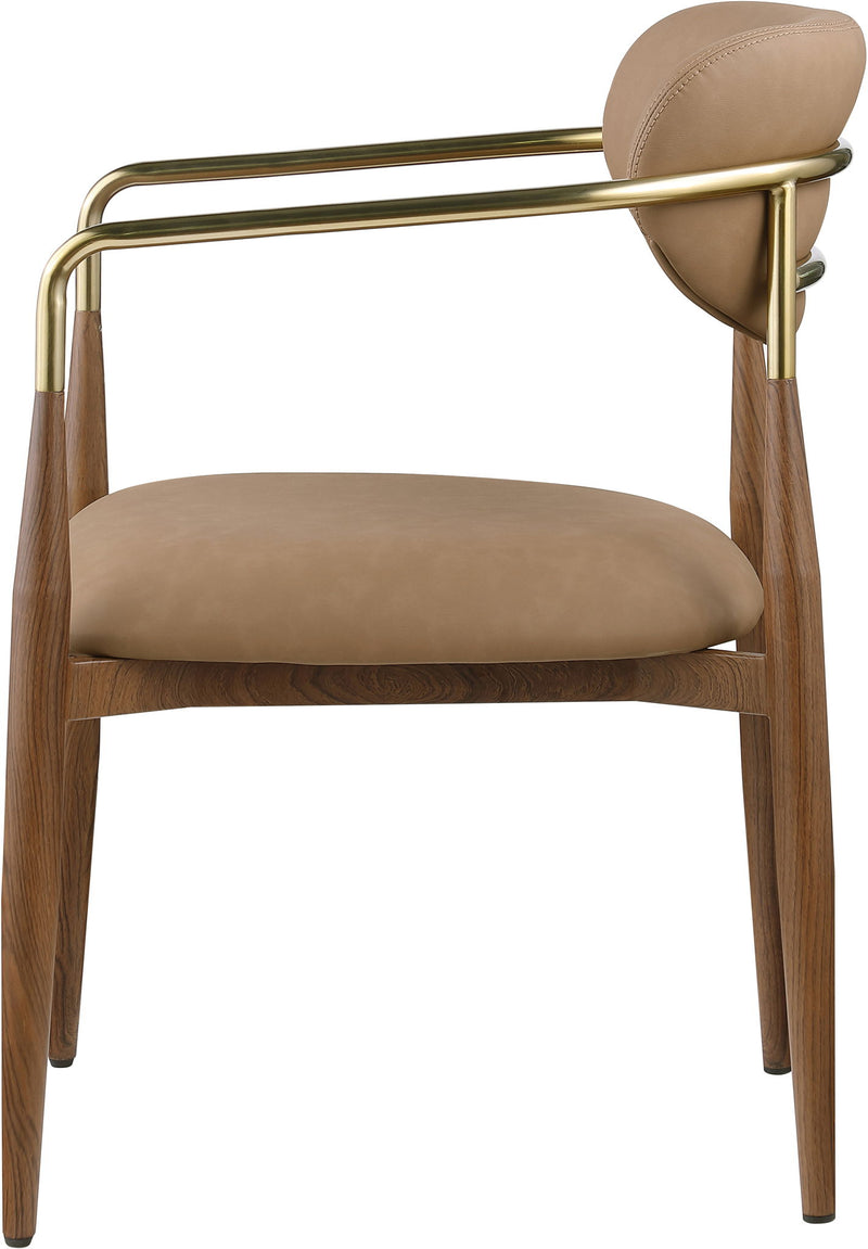 Brown upholstered dining arm chair with gold arm frame and wooden legs