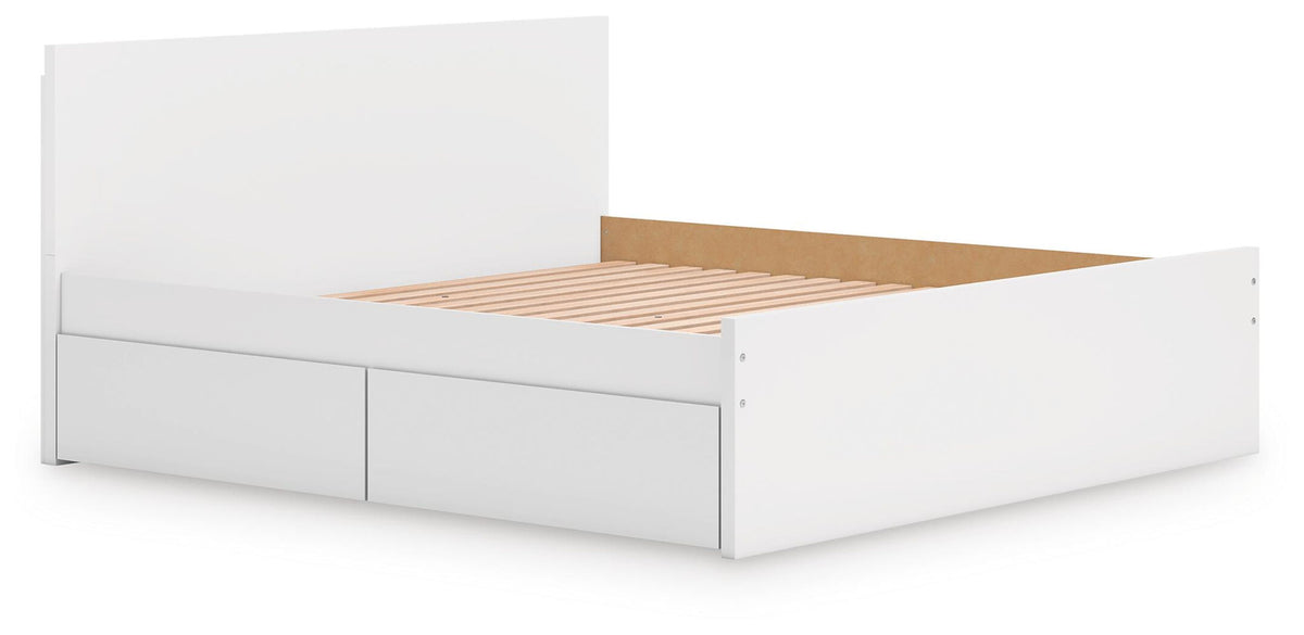 White panel platform bed with slatted base and two side storage drawers